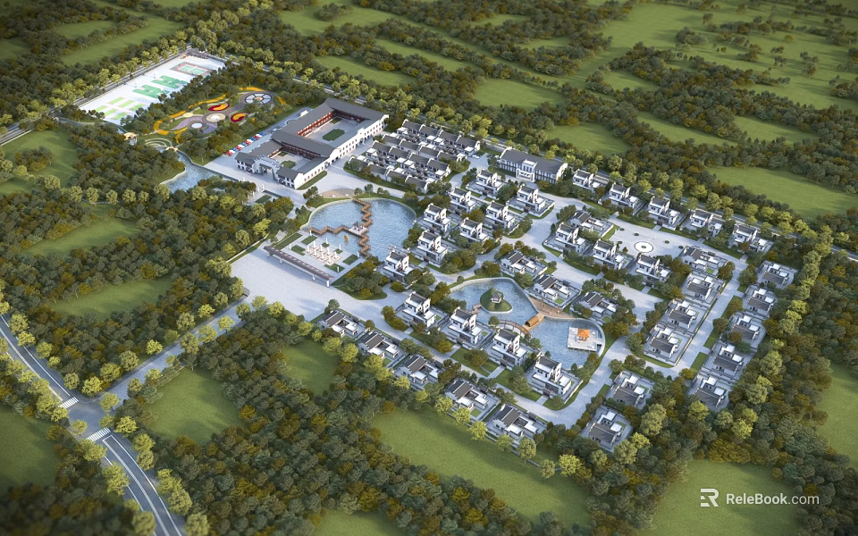 Birds Eye View Planning of Residential Community with Green Spaces Water Features and Trees 3d model 
