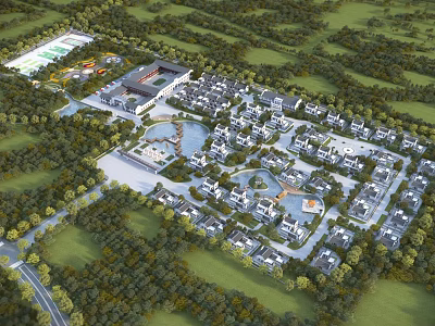 Birds Eye View Planning of Residential Community with Green Spaces Water Features and Trees 3d model