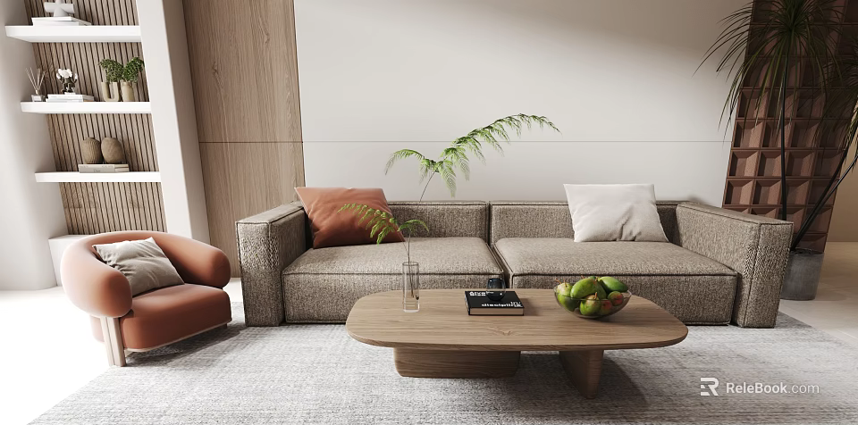 Light Gray Fabric Two Seater Sofa With Wooden Coffee Table Green Plants Books And Fruits 3d model 