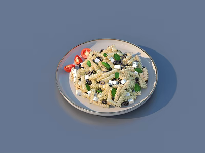 Fresh Pasta Salad with Fusilli Noodles Cheese Cubes Black Olives and Tomato Slices 3d model