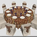 Round Dining Table With Patterned Tablecloth Beige Chairs Brown Bows White Plates And Blue Cups 3d model