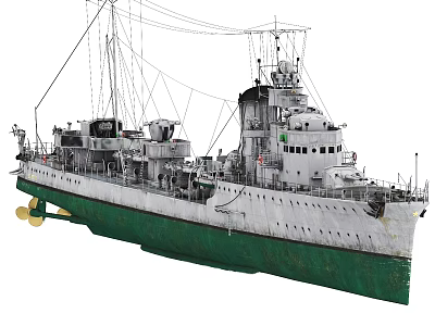 Classic Military Warship With Green Hull White Upper Structure Masts And Antennas 3d model