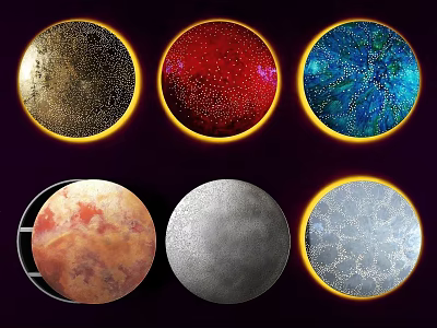 Six Circular Wall Decor Pieces With Various Colors Patterns And Gold Frames On Dark Background 3d model