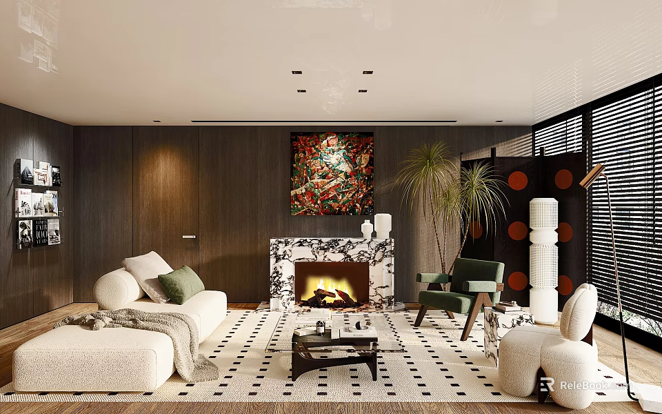 Modern Warm Luxury Living Room With Marble Fireplace And Cozy Stylish Upscale Interior Furnishings 3d model 