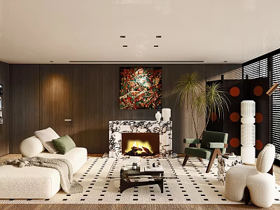 Modern Warm Luxury Living Room With Marble Fireplace And Cozy Stylish Upscale Interior Furnishings 3d model