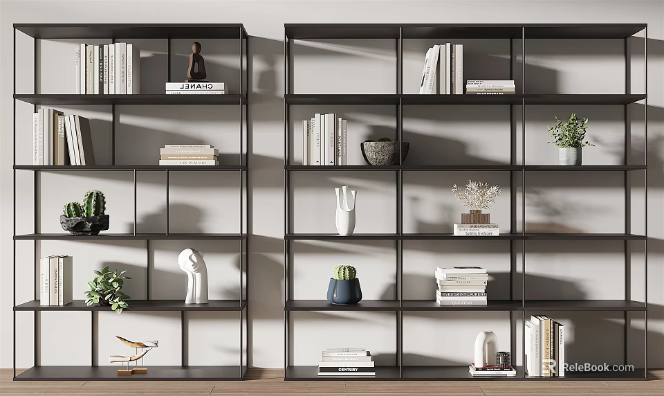 Modern Black Open Shelving Unit with Books Plants and Decorative Items 3d model 