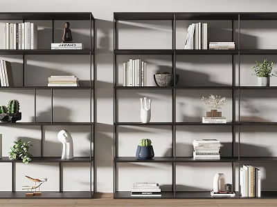 Modern Black Open Shelving Unit with Books Plants and Decorative Items 3d model