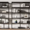 Modern Black Open Shelving Unit with Books Plants and Decorative Items