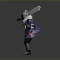 A Man in Armor Holding Large Sword and Shield With White Fur Collar and Purple Belt