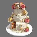 Three Tiered Decorative Cake With Rose Flowers Cream And Layered Interior On White Base