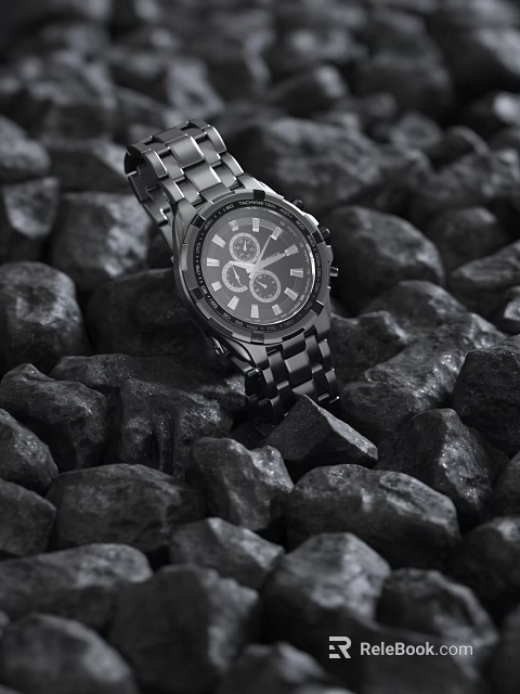 Sleek Metallic Wristwatch With Multiple Subdials On Black Stones Background 3d model 