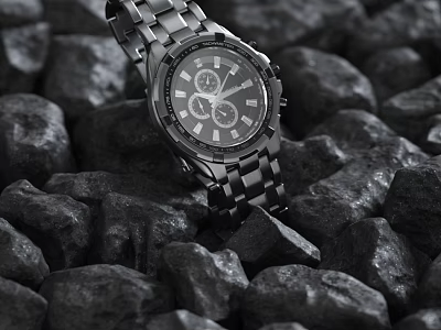 Sleek Metallic Wristwatch With Multiple Subdials On Black Stones Background 3d model