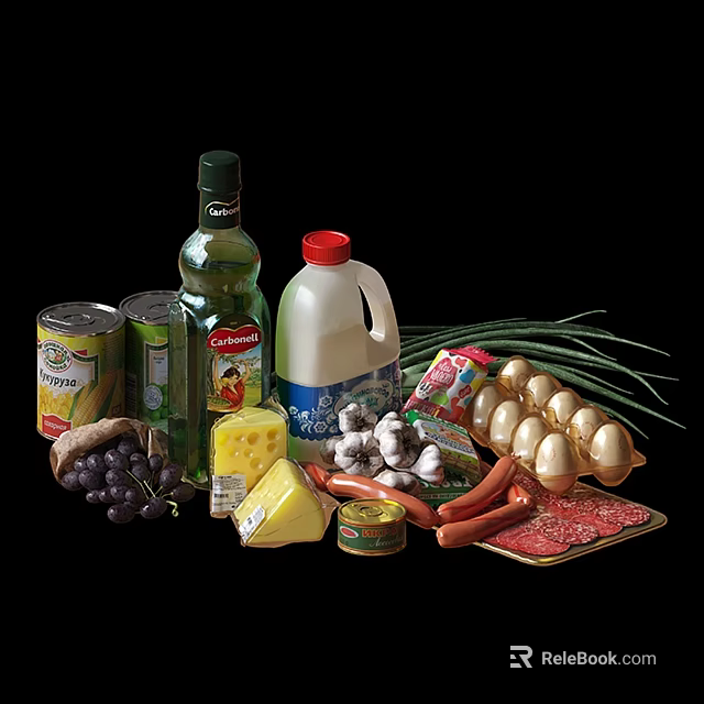 Assorted Fresh Food Ingredients Including Olive Oil Milk Eggs Cheese Grapes Garlic And Sausages 3d model 