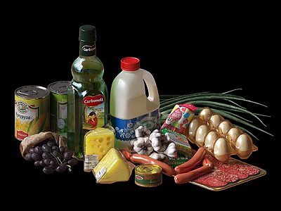 Assorted Fresh Food Ingredients Including Olive Oil Milk Eggs Cheese Grapes Garlic And Sausages 3d model