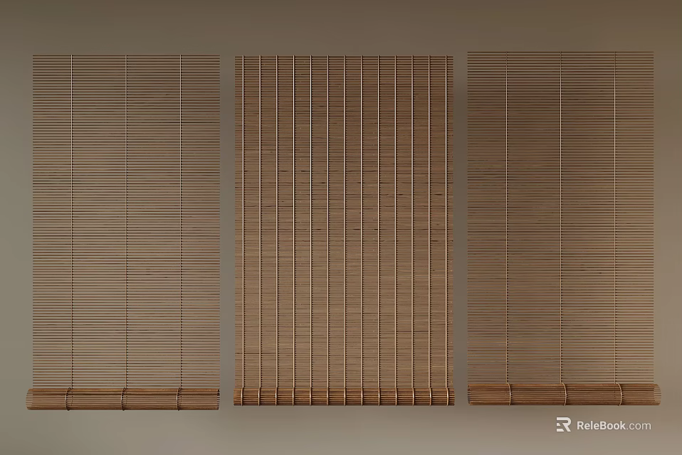 Three Bamboo Blinds With Vertical Slats Design Hanging On Beige Wall 3d model 