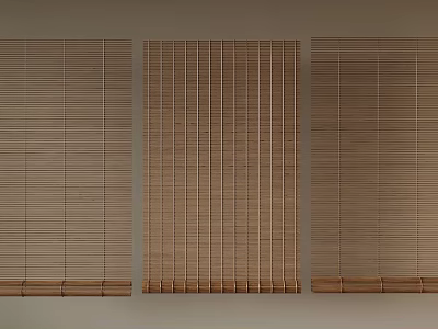 Three Bamboo Blinds With Vertical Slats Design Hanging On Beige Wall 3d model