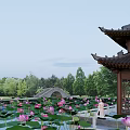 Tranquil Waterfront Landscape With Traditional Chinese Pavilion Lotus Pond And White Railings