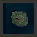 Aerial View of Island Landscape with Central Volcano Green Vegetation and Blue Ocean