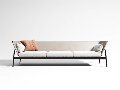 Modern Three Seater Sofa With Beige Upholstery Black Metal Frame And Orange Pillows 3d model