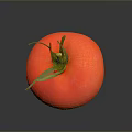 Fresh Red Tomato with Green Stem and Leaves on Dark Reflective Surface