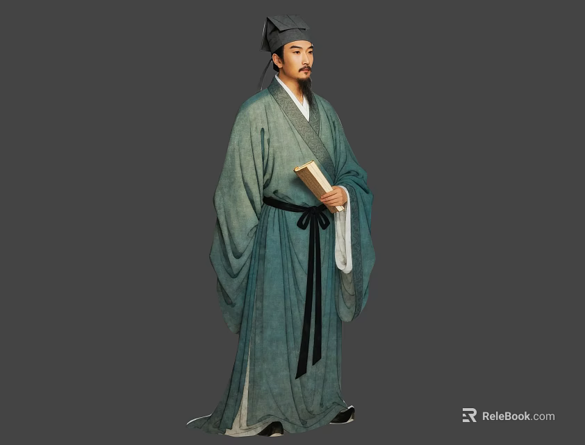 Man Standing in Traditional Ancient Green Robe and Hat Holding a Book 3d model 