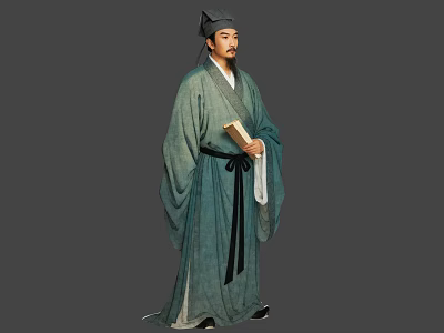 Man Standing in Traditional Ancient Green Robe and Hat Holding a Book 3d model