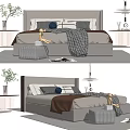 Modern Double Bed with Upholstered Headboard Pillows Throw Blanket Nightstands Green Plants and Ottoman