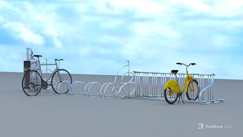 Outdoor Bicycle Parking Area With Bike Racks And Parked Bicycles Under Blue Sky 3d model 