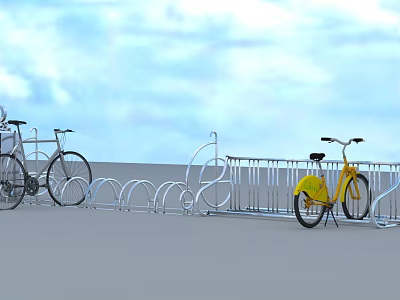 Outdoor Bicycle Parking Area With Bike Racks And Parked Bicycles Under Blue Sky 3d model