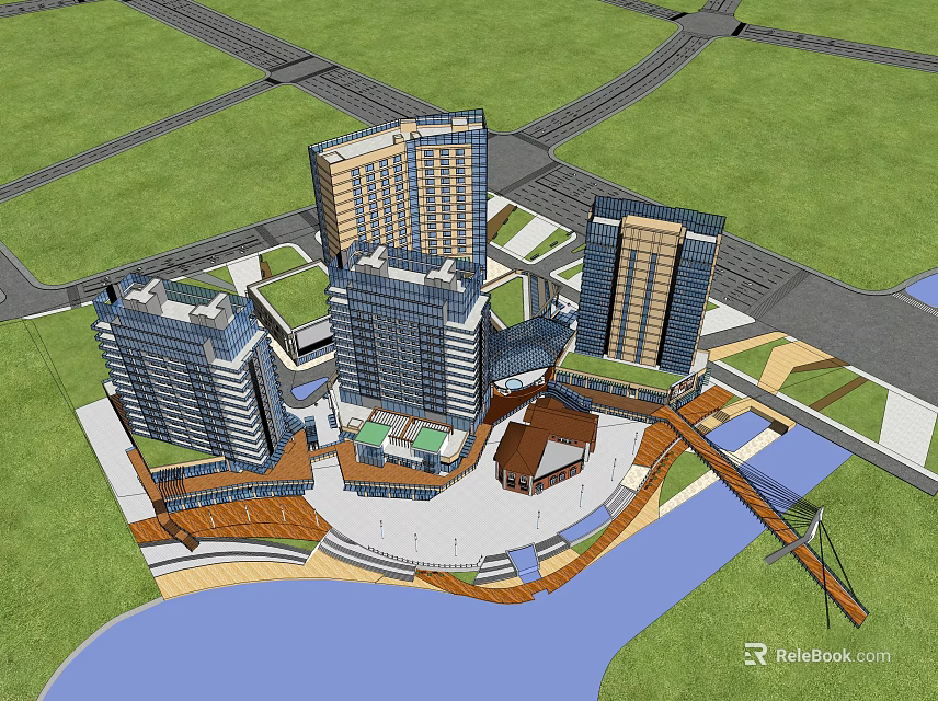 Modern High Rise Office Building Complex With Green Space Riverfront And Bridge 3d model 