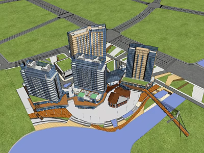 Modern High Rise Office Building Complex With Green Space Riverfront And Bridge 3d model