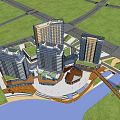 Modern High Rise Office Building Complex With Green Space Riverfront And Bridge 3d model