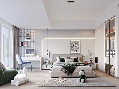 Modern Kids Bedroom With Bed Study Desk And Plush Toy 3d model