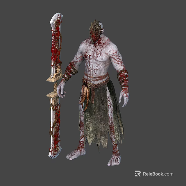 Standing Gory Creature Warrior Holding Bloody Sword Covered in Bloodstains and Tattered Rags 3d model 