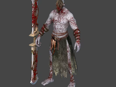 Standing Gory Creature Warrior Holding Bloody Sword Covered in Bloodstains and Tattered Rags 3d model