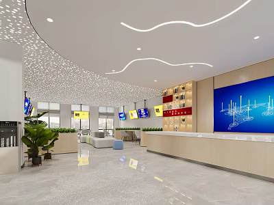 Modern Service Hall Interior With Reception Counter Large Blue Screen Green Plants And Bright Lighting 3d model
