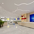 Modern Service Hall Interior With Reception Counter Large Blue Screen Green Plants And Bright Lighting