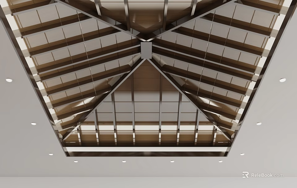 Modern Ceiling Design With Triangular Wooden Beams Metal Frame And Recessed Lighting 3d model