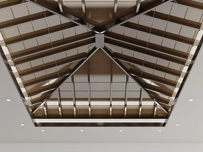 Modern Ceiling Design With Triangular Wooden Beams Metal Frame And Recessed Lighting 3d model