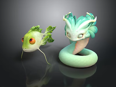Plant Inspired Fish And Snake Shaped Creatures With Leafy Features And Floral Design 3d model
