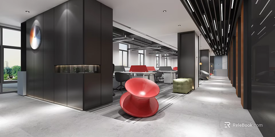 Modern Public Office Space With Open Layout Red Accent Chairs And Black Cabinets 3d model