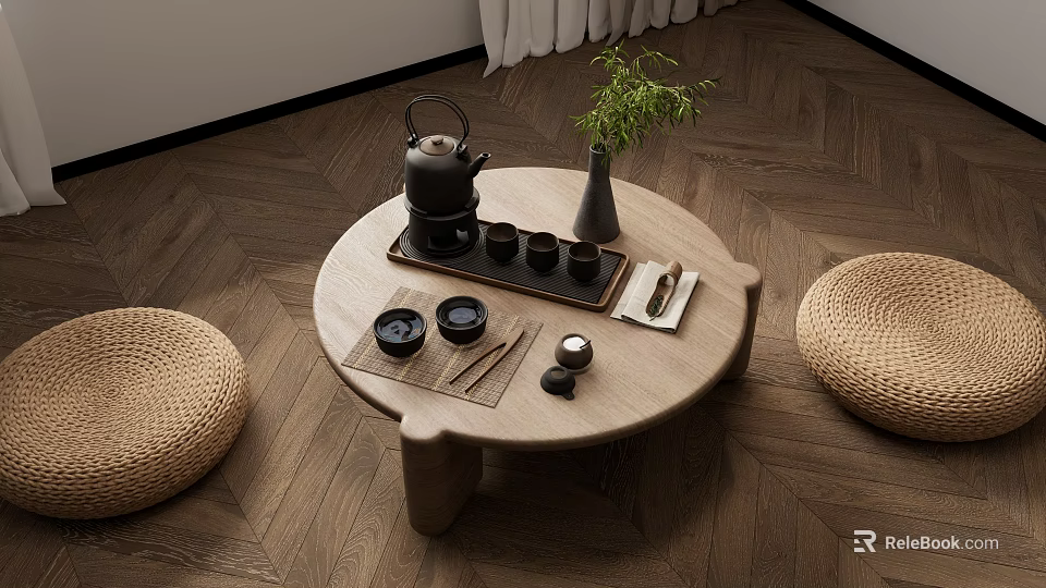 Round Wooden Tea Table With Black Teapot Tea Cups Green Plant And Woven Seating Cushions 3d model 