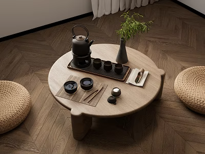 Round Wooden Tea Table With Black Teapot Tea Cups Green Plant And Woven Seating Cushions 3d model