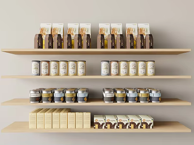 Organized Food Products Display On Wooden Shelves With Cans Bags And Jars 3d model