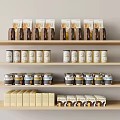 Organized Food Products Display On Wooden Shelves With Cans Bags And Jars