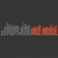 Red And Gray Bricks Stacked On Pallets With Scattered Bricks Around 3d model