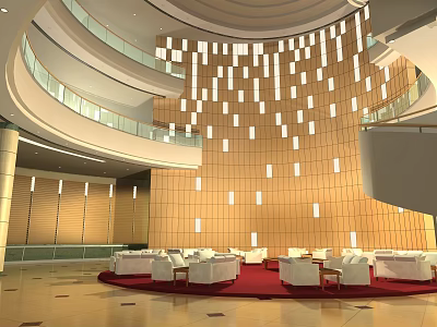 Modern Hotel Lobby Interior With Hanging Lighting Warm Wooden Panels Red Carpet And White Sofas 3d model