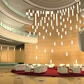 Modern Hotel Lobby Interior With Hanging Lighting Warm Wooden Panels Red Carpet And White Sofas