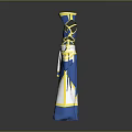 Traditional Blue And White Costume With Gold Accents And Flowing Ribbons Design