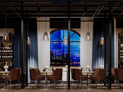 Modern Café Interior Design With Pendant Lights Large Window And Dining Tables 3d model